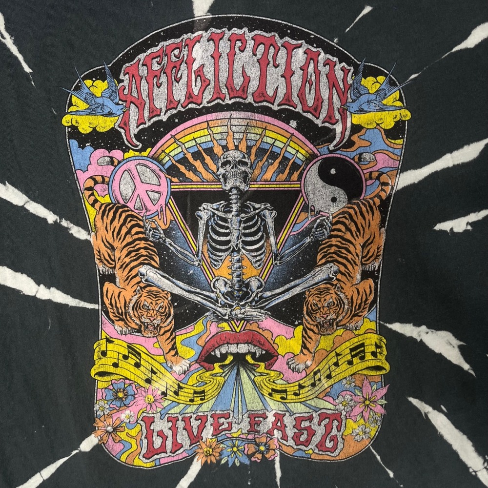 Affliction Live Fast Skeleton Tiger Tie Dye Graphic Tee Black White Women Medium
